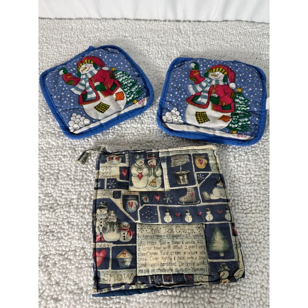 VTG Winter Snowman Tapestry Table Runner & Pot Holder Set Christmas Holiday 5 pc